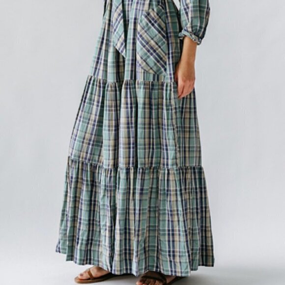 MIRTH Maxi Dress Medium Ostuni Ocean Plaid NWT Cotton Handloomed Pockets Belt - Picture 7 of 14